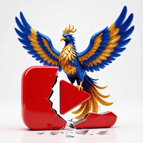 A vibrant phoenix emerges from the broken pieces of a red video play button on a bright white background.