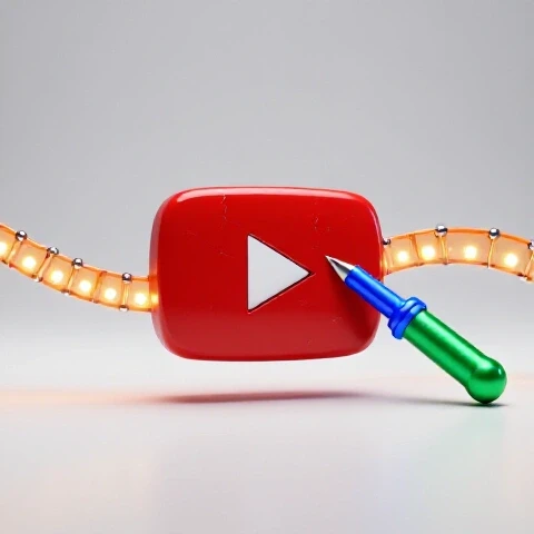 A damaged YouTube play button being repaired amid a glowing timeline, with vibrant tools and restoration effects.