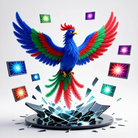 A radiant phoenix rises from a shattered screen surrounded by ten vivid video thumbnails on a bright background.