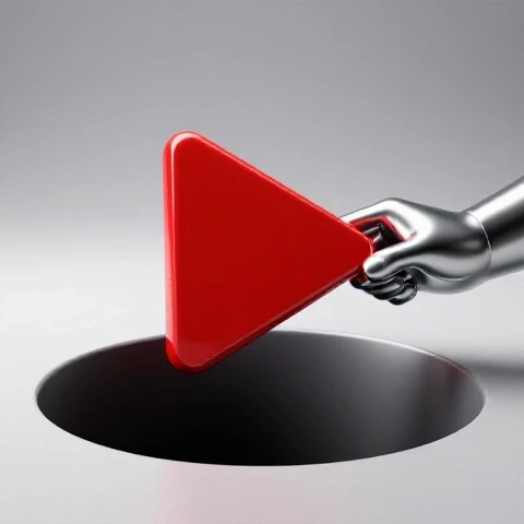 A vibrant red play button being pulled upward by a metallic hand from a shadowy pit, set against a bright studio background.