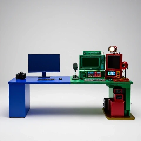 Two side-by-side video creator workspaces; one minimal and focused, the other vibrant and dynamic, on a bright studio background.