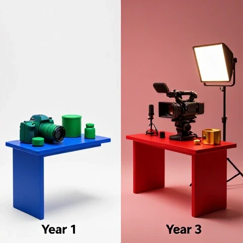 Split-screen image showing a cluttered beginner YouTube desk beside a sleek, advanced studio setup.