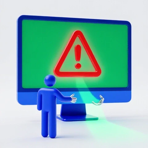A worried creator symbol faces a large red warning on a computer screen with a glowing path offering help.