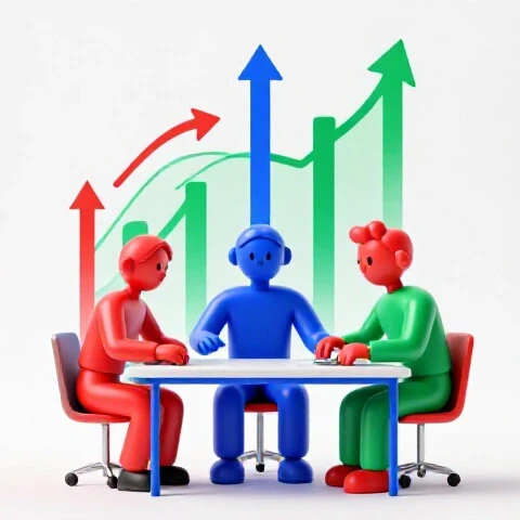 Two energetic abstract creator figures collaborate at a vibrant workstation with upward arrows and growth charts in a bright, clean studio scene.