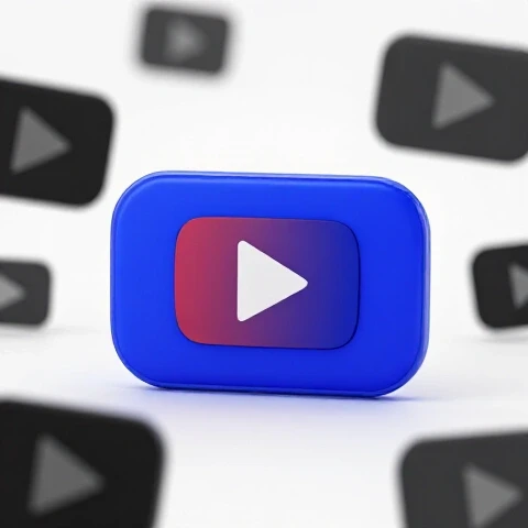 A vivid blue video thumbnail stands out at the center amid faded, dull thumbnails on a bright, white background.