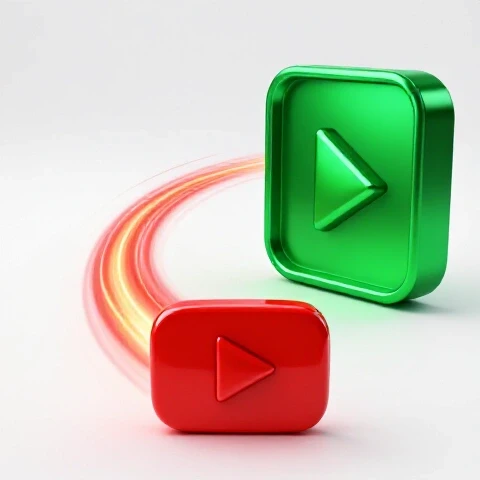 Glossy red play button with glowing trail leading to metallic green subscribe icon on a bright white background