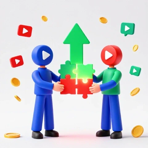 Two symbolic creator objects exchange glowing puzzle pieces, forming an upward arrow amid coins and thumbnails on a bright background.