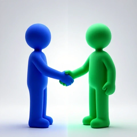 Two opposing creative icons in vivid colors reach to shake hands across a glowing split screen, symbolizing successful YouTube collaboration.