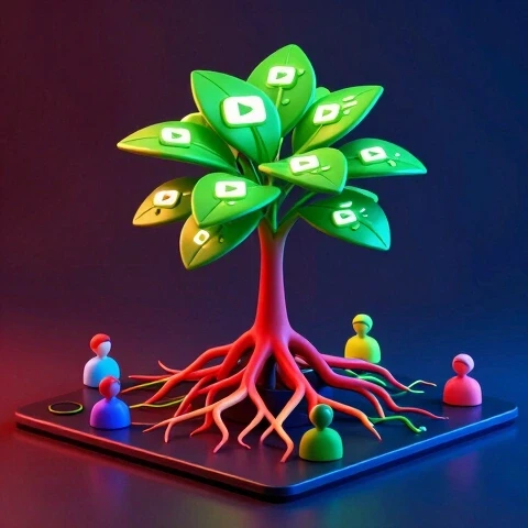 A 3D-rendered digital plant with glowing roots intertwining among abstract audience figures, representing YouTube audience growth through comments.