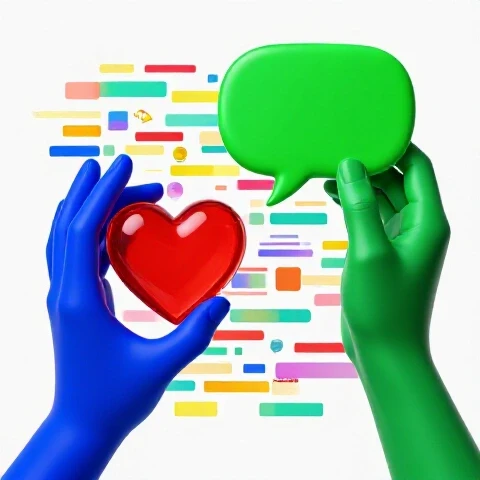 Two stylized hands, one holding a glowing heart and the other offering a bright speech bubble, poised above a colorful YouTube comment section on a bright white background