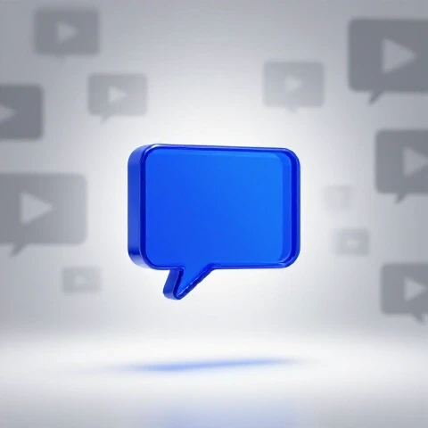 Spotlighted vibrant blue comment icon surrounded by faded video thumbnails on a bright white background