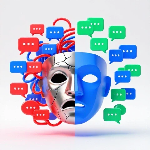 Split scene showing chaotic, tangled comment bubbles versus clear, organized comment icons around abstract masks.