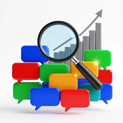 Magnifying glass examines glowing speech bubbles with a rising bar graph, symbolizing YouTube success.