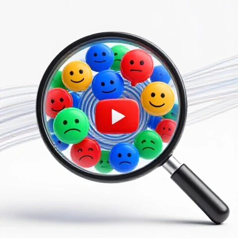 Magnifying glass focusing on colorful, expressive faces swirling from a YouTube comment section, with data flow and analytics background.