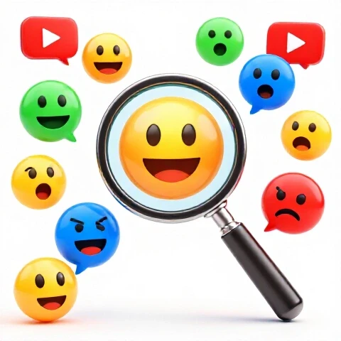 Magnifying glass highlights colorful expressive emoji faces among vibrant YouTube comment bubbles on a bright background.