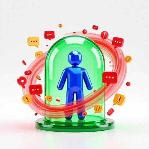 A stylized creator icon calmly shielded by a glowing barrier, sorting chaotic red and amber comment icons in a bright studio.