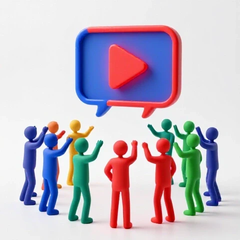 Glowing play button with vibrant speech bubble surrounded by animated avatars reaching in, on bright background