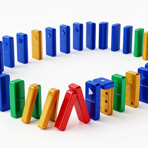 A vibrant red domino topples a row of colorful YouTube icon dominos on a glossy white background, symbolizing intentional disruption.