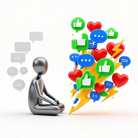 Split scene showing a central abstract figure before and after, surrounded by sparse and then vibrant engagement icons on a bright background.