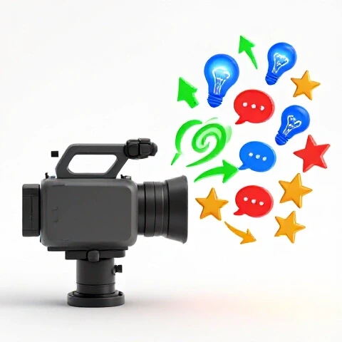 Split-screen with a dull video setup on one side, and vibrant idea icons and arrows emerging from comment bubbles on the other, symbolizing transformation through feedback.
