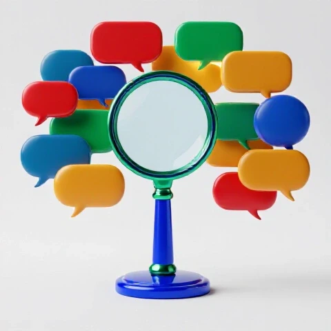 Magnifying glass examining a vibrant cluster of glowing speech bubbles on a bright background.