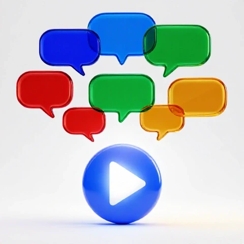 Glowing video play button with vibrant, colorful speech bubbles floating upward on a clean white background.