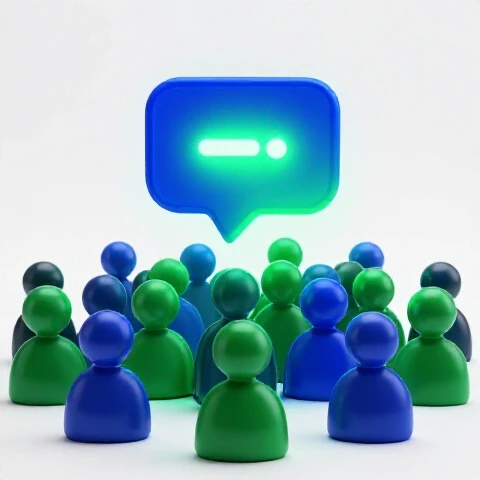 A vibrant glowing comment bubble emerges from shadowy viewers against a bright white studio background.