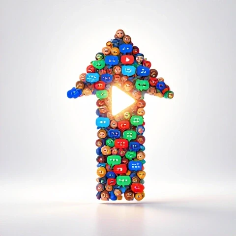 Colorful avatars and speech bubbles form an upward arrow pointing to a glowing play button on a bright studio background.