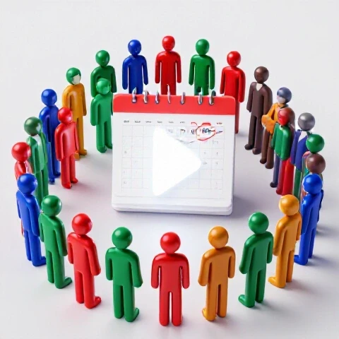 A circle of vibrant avatars surrounds a glowing play button, with a calendar marked at 100 days in the background.