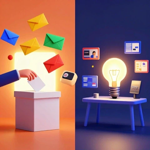 3D-rendered split-screen: symbolic hands casting colorful votes beside a creator's glowing idea lightbulb and video thumbnails.