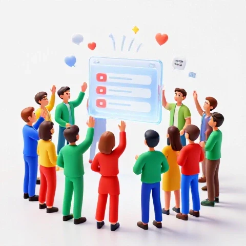 Vibrant digital avatars interacting with a glowing poll interface, radiating icons over a luminous white background