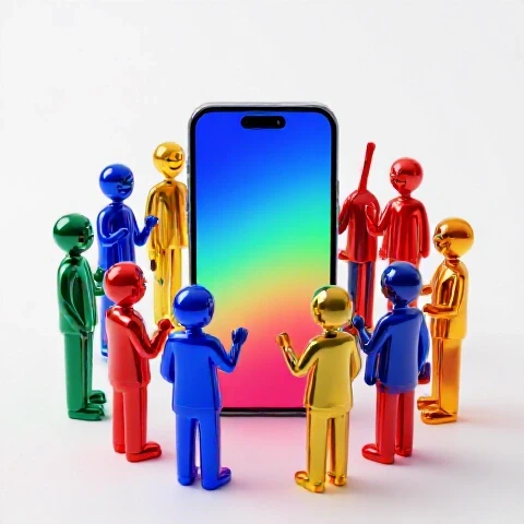 Vibrant crowd of colorful abstract figures gathered around a glowing smartphone in a bright studio setting