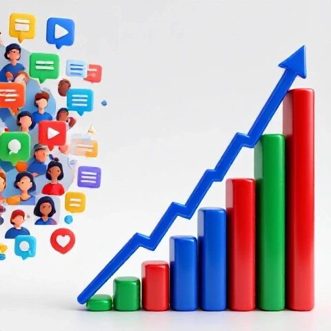Vivid split-screen with vibrant digital community avatars and icons beside an upward-trending metallic growth graph.