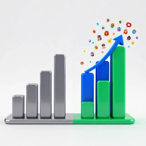 Dramatic split-screen with a dull, flat YouTube graph beside a vibrant, rising graph with colorful community avatars.
