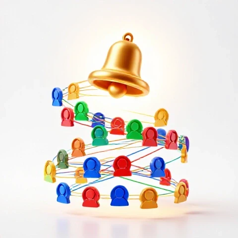 User avatars spiral upward with connecting lines toward a glowing notification bell on a bright background.