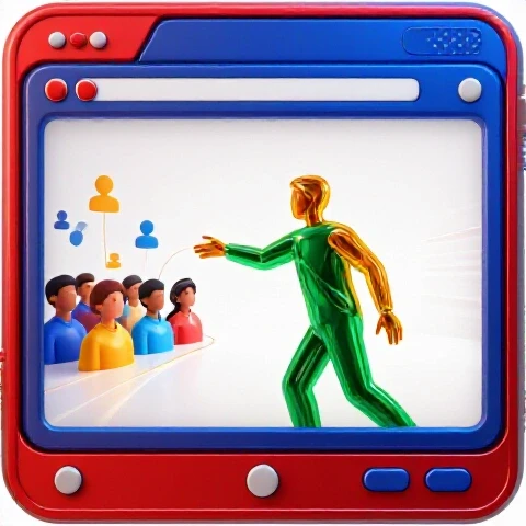 A dynamic figure reaches out from a glowing YouTube interface toward a crowd of curious viewer icons, with vibrant connecting lines on a bright, clean background.