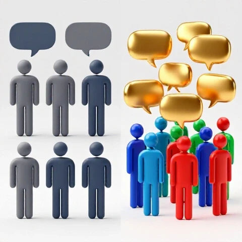 Two contrasting scenes: isolated figures with empty bubbles beside a vibrant group sharing golden speech bubbles on a bright background.