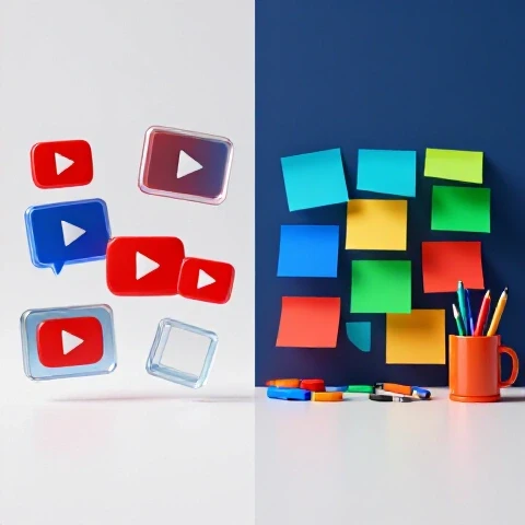 Split-screen image showing vibrant YouTube video thumbnails on one side and colorful sticky notes for content strategy on the other, in a bright, clean studio setting.