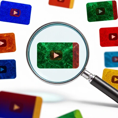 Magnifying glass focusing on colorful video thumbnails in a clean, bright studio, symbolizing competitor analysis