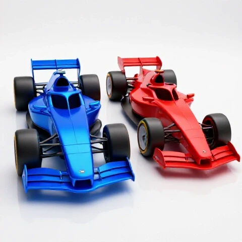 Two vibrant racing objects, one confidently accelerating ahead in blue, the other distracted and lagging in red, set against a bright white studio background highlighting the competition gap.
