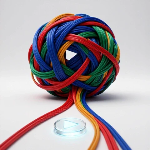 A vibrant tangled ball of colored threads unraveling into a clear path toward a glowing play button on a bright background.