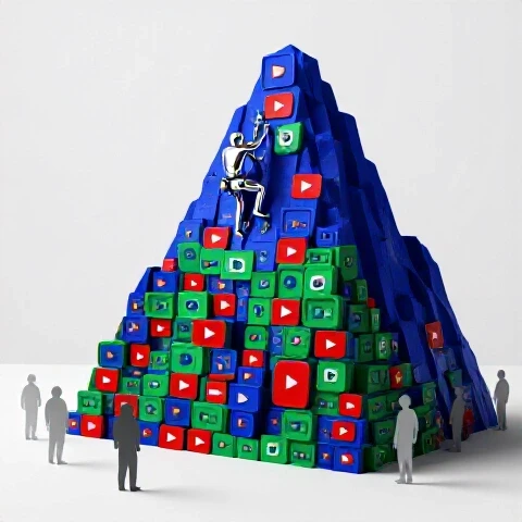 Lone figure climbs mountain of vibrant video thumbnails while shadowy figures abandon the base, symbolizing persistence.