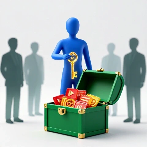 A confident consultant figure holds a glowing key unlocking a treasure chest bursting with vibrant digital video icons.