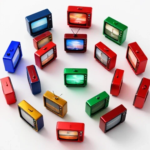 Overhead view of vintage TV screens displaying different vibrant scenes on a bright studio background.
