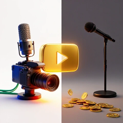 Dramatic split scene with a glowing gold-lit creator setup on one side, shadowed empty studio and falling gold coins on the other, against a bright studio background.