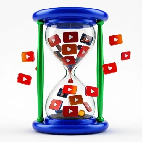 Vivid hourglass releasing multiple colorful video thumbnails on a bright studio background, symbolizing streamlined YouTube productivity