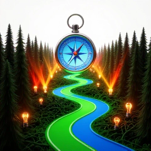 A glowing compass guides a vivid path through a tangled forest of burnt-out lightbulbs, illuminated by beams of vibrant colored light.