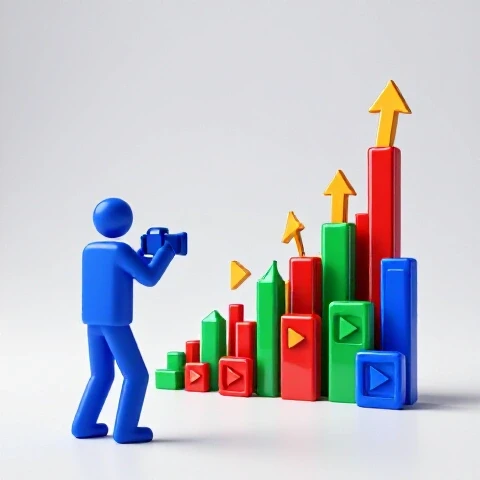 Split scene of a stylized figure filming with a camera blending into a city skyline made of video play icons and arrows, symbolizing business growth.