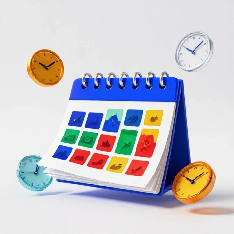 Vibrant calendar filled with colorful video thumbnails and swirling clocks symbolizing YouTube consistency.