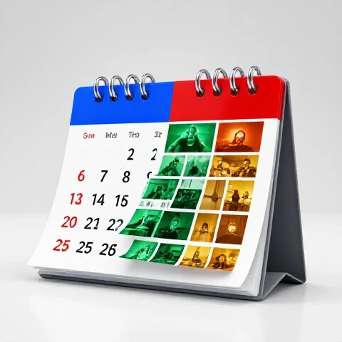 A vibrant split scene of a highlighted calendar blending into colorful video thumbnails on a bright white background.
